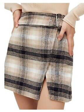 Free People Beige &‎ Black Plaid Wool Ari Micro Mini Wrap Skirt- Size 8